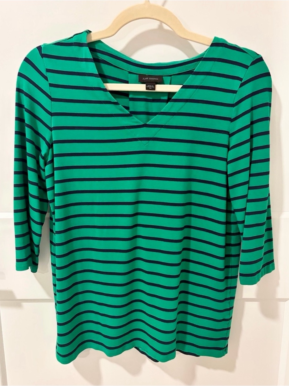 J. Jill Wearever Green Navy Striped V-Neck Top Size XS